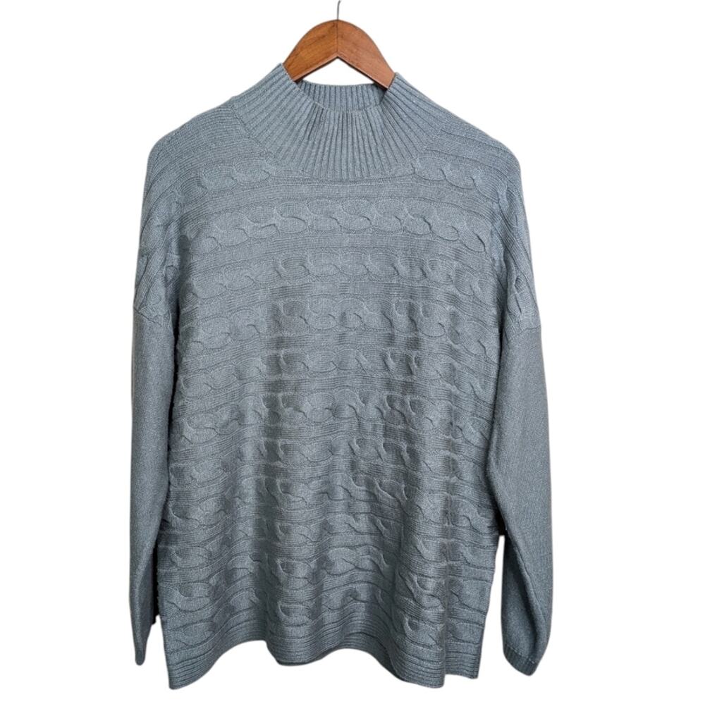 J Jill Mock Neck Cable Knit Sweater Large Fisherman Cozy Classic Preppy Winter